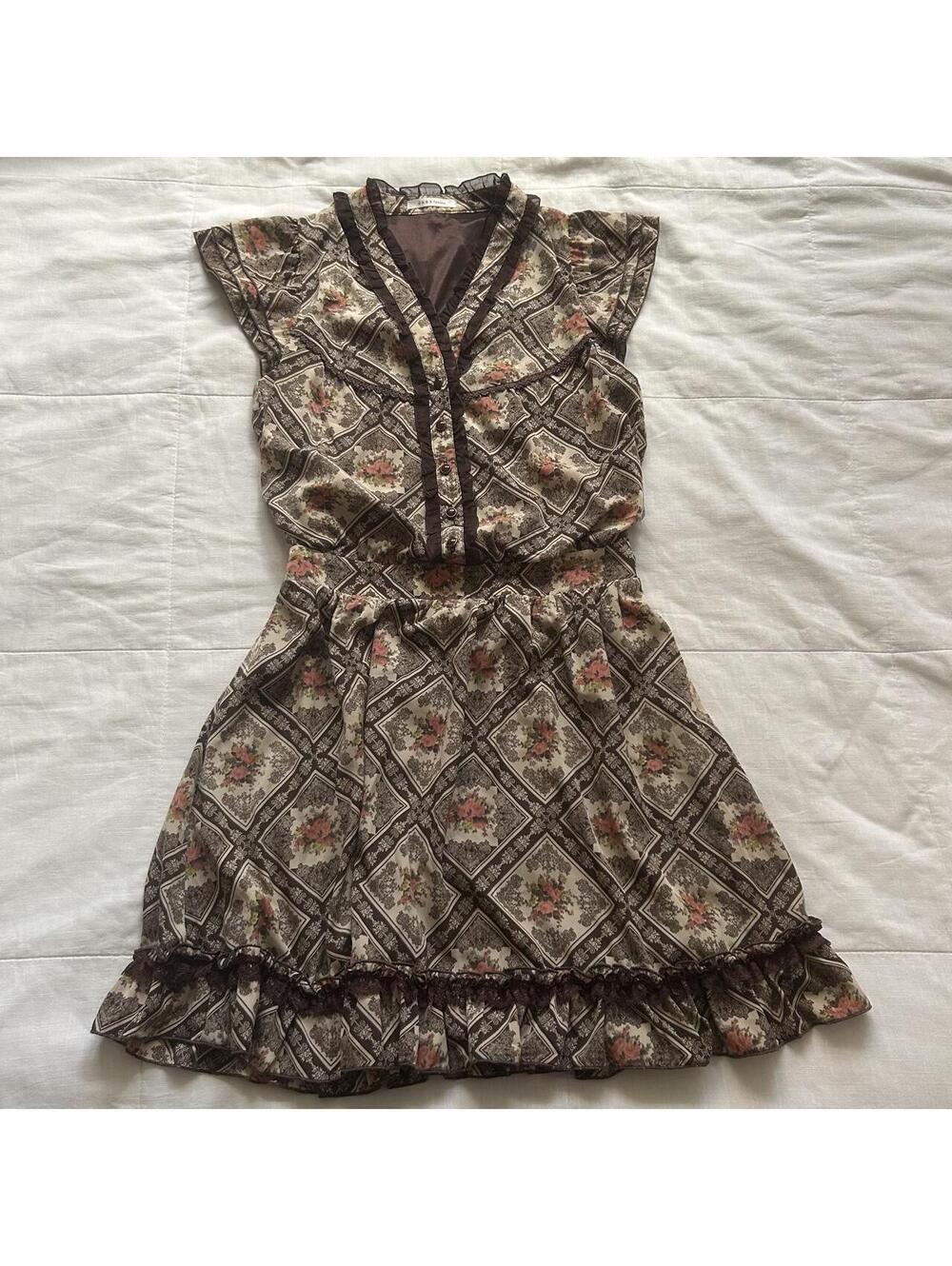 Axes Femme Brown Cream Floral Medallion Print Dress Lace Ruffle Hem M Japan